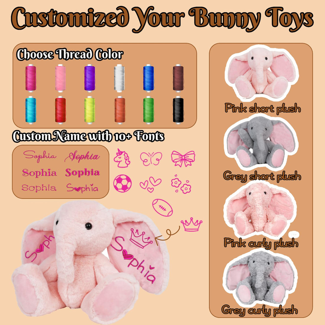 EOBIBIFUN Personalized Elephant Plush Stuffed Animal with Embroideried Name