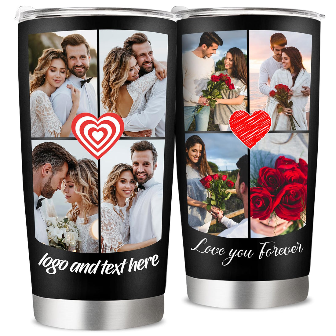 Personalized Tumbler with 4 Picture Text, Custom Travel Coffee Tumbler with Lid Insulated 20 Oz Stainless Steel,Personalized Gifts for Girls Women, Men for Anniversary