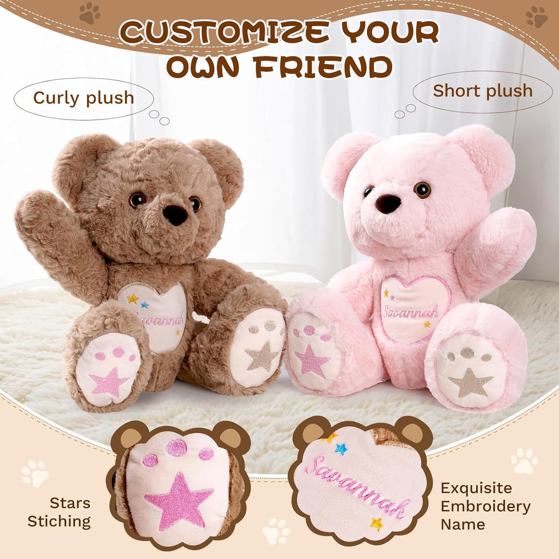 EOBIBIFUN Custom Teddy Bear with Embroidered Name,Gifts for Baby Boys Girls